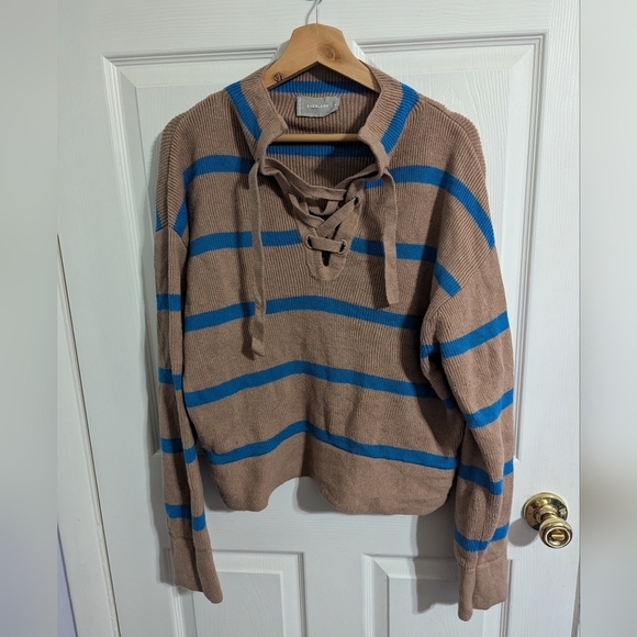Everlane Womens Medium Sweater Brown Blue Striped Wool Organic Cotton Pullover - Picture 1 of 5